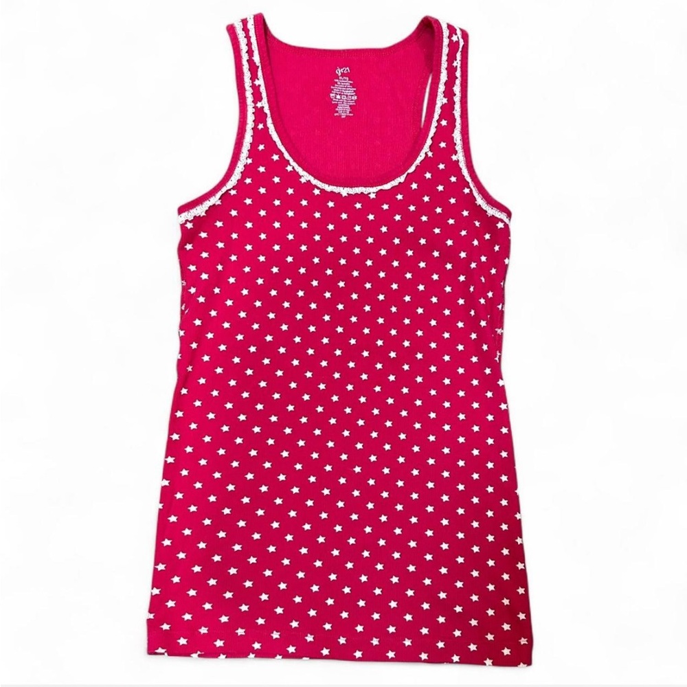 Pink Star Patterned Tank Top With White Lace Trim